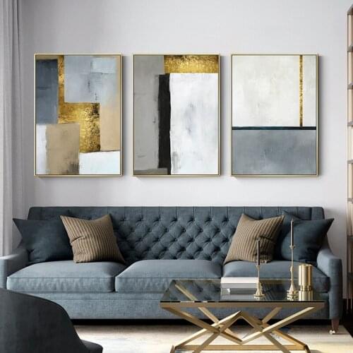 Chinese Style Abstract Geometric Gold Foil Gray and White Living Room Decoration Paintings Core Living Room Porch Frameless