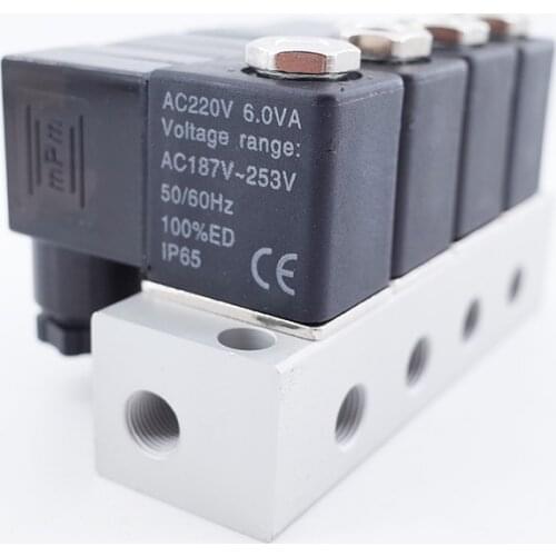 4pcs valve with manifold 2 way Pneumatic direct acting solenoid valve 2V025-06 1/8" BSP 110V AC micro control gas valve set