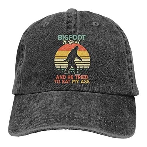 Is Real and He Tried To Eat Hat, Funny Sasquatch Gifts for Men Women Adjustable Vintage Denim Dad Baseball Cap