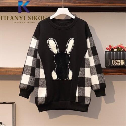Oversized Women Sweatshirt Plaid Spliced Hoodies Fashion Patchwork O-Neck Long Sleeve Pullover Female Loose Plus Size Sweatshirt