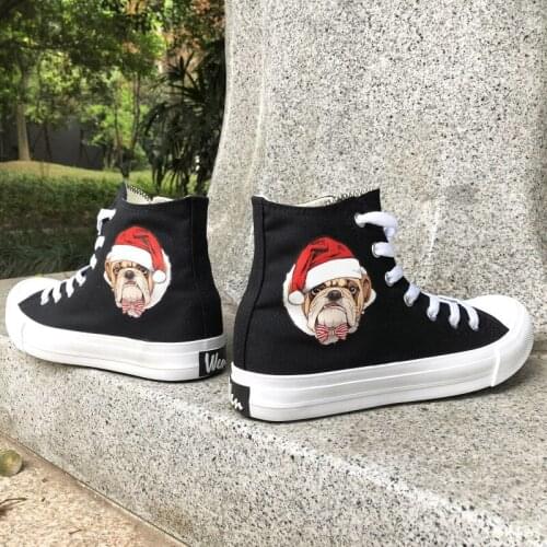 Wen Gifts Sneakers Original Christmas Hat Stripe Knot Pet Dog Pug High Top Design Black White Colors Canvas Shoes for Girls Boys