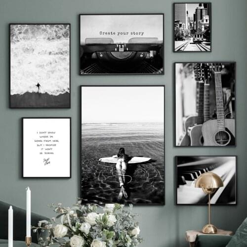 Retro Ocean Woman Surfboard Piano Printer Nordic Posters And Prints Wall Art Canvas Painting Wall Pictures For Living Room Decor