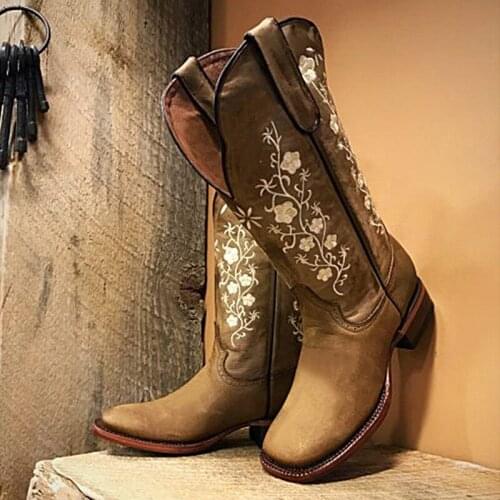 Floral Embroidered Western Boots Warm Cowgirl Ankle Boots New Fashion Women Boots Women Knee High Riding Vintage Outdoor Boots