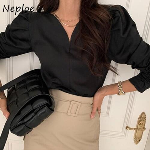 V Neck Puff Long Sleeve Pullover Blouse Women Spring 2021 New Solid Work Style Ol Blusas Korean Simple Shirt Feminino