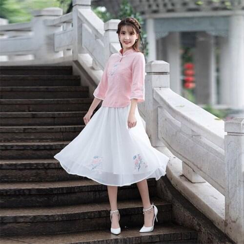 Women Traditional Chinese Clothing Vintage Embroidery Tops Dress Casual Hanfu Spring Fashion Elegant Tang Suit Lady Party Gown