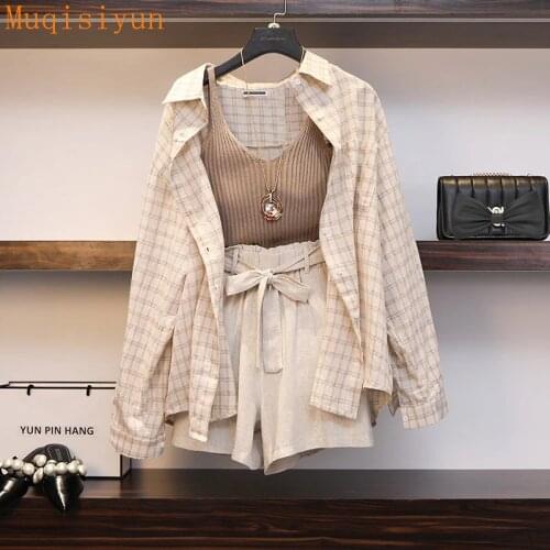 M-4XL 2020 Spring Autumn Women Plaid Long Sleeves Shirts + Vest + Shorts 3 pcs set Female Casual Suits Oversize A1111