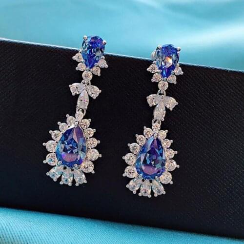 Luxury 925 Sterling Silver 8*12mm Sapphire Gemstone Full High Carbon Diamond Wedding Party Drop Earring For Women Fine Jewelry