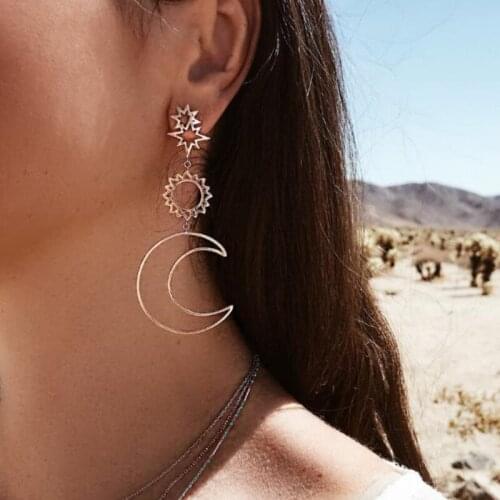 2021 Summer Fashion Hollow Five-pointed Star Moon Alloy Asymmetric Sun Long Section Earrings for Women Party Jewelry