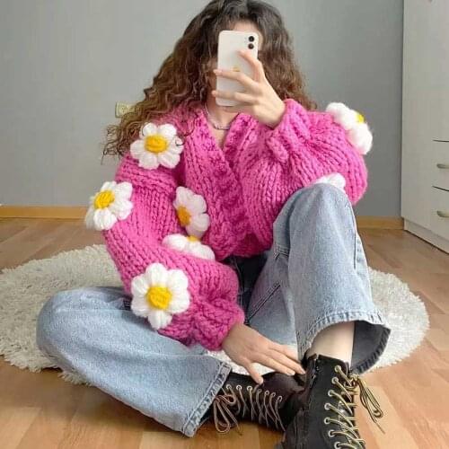 Boho Inspired oversized chunky cardigan women long sleeve bloom knit 3D floral cardigan coat loose winter warm cardigan sweater