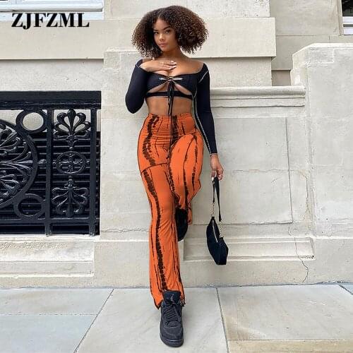 Womens Tracksuit Autumn Clothes Striped Spliced Hollow Full Sleeve Crop Top and Tie Dye Print Bell Bottom Trouser Co Ord Sets