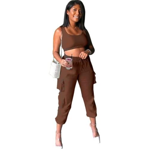 Women Sports Casual Set 2 Pcs Sweatshirt Autumn Spring Fashion Sleeveless Open Navel Waistcoat Corset Lace Up Pockets Pants