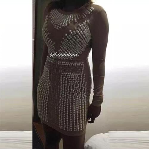 HIGH QUALITY New 2021 BAROCCO Designer Dress Womens Long Sleeve Luxurious Handwork Pearl Beading Diamonds Bodycon Dress