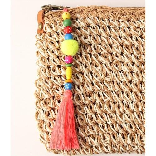 1pc Boho Jewelry Round Natural Wood Beads Tassel Pendant Long Tassel Key Chains For Women With Colorful Pompom