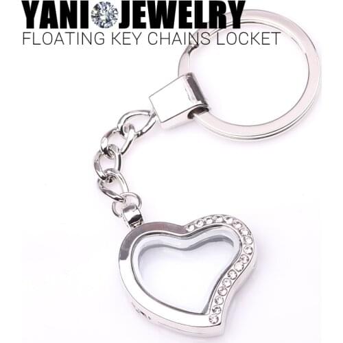 10pcs/lot Free shipping Heart Magnetic Floating Locket Keychains Key Ring Memory Glass Living Floating Locket With Rhinestones