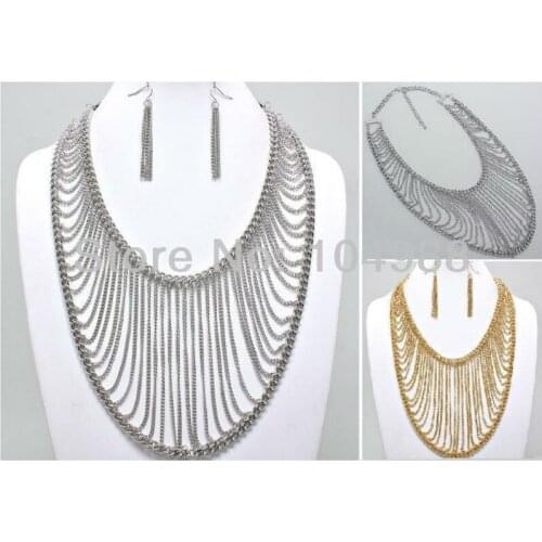 2013 Fashion European Arrivals Women Style Necklace Multi Chains Links Unique Design Necklace Earrings New Set Gold or Silver