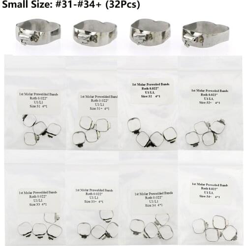 32 Pcs Dental Orthodontic Metal Bands Size #31 to #34+ ROTH 0.022 1st Molar With Tubes