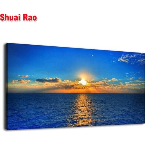 Large size 5d Diy Diamond Painting Cross Stitch Ocean Waves Blue Sky Sunset landscape Mosaic cross stitch diamond embroidery