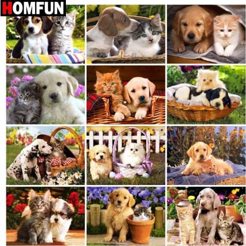 HOMFUN Diamond Painting Full Square/Round Drill 5D DIY "Dog cat animal" Daimond Embroidery Rhinestone Cross Stitch Decor