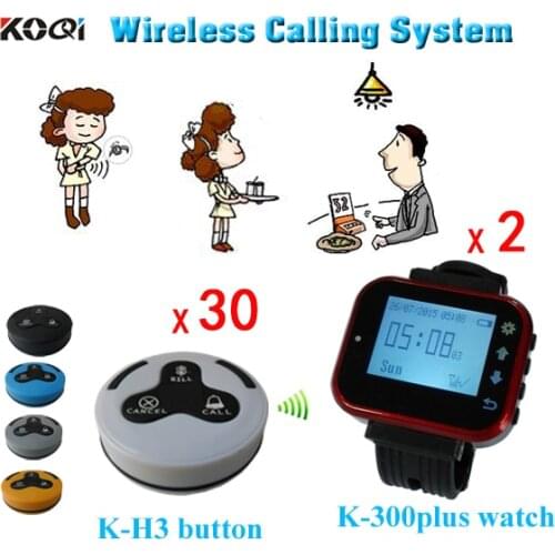 Wireless Waiter Pagers Service Calling System 30pcs Waterproof Waiter Push Buttons and 2pcs Smart Waitress Watch Free Shipping