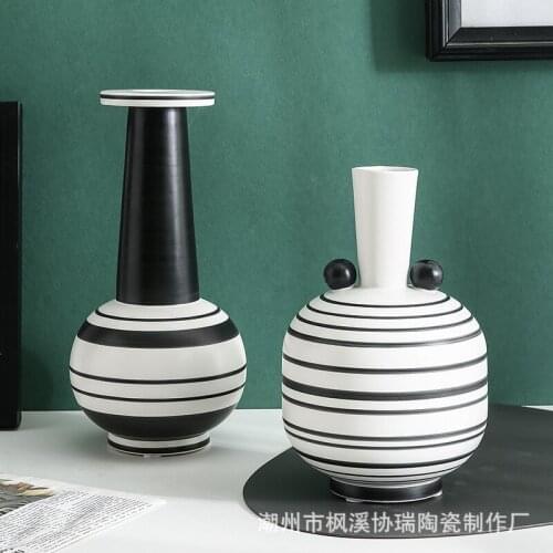 Black and White Striped Ceramic Vase Flower Arrangement Living Room Office Decoration Modern Flower Vase Wedding Decoration Gift