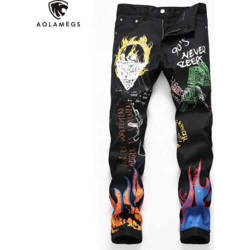 Aolamegs Jeans Men Broken Flame Print Retro Style Denim Cool Letter Print Tight Casual All-match Hip Hop Style Jeans Streetwear