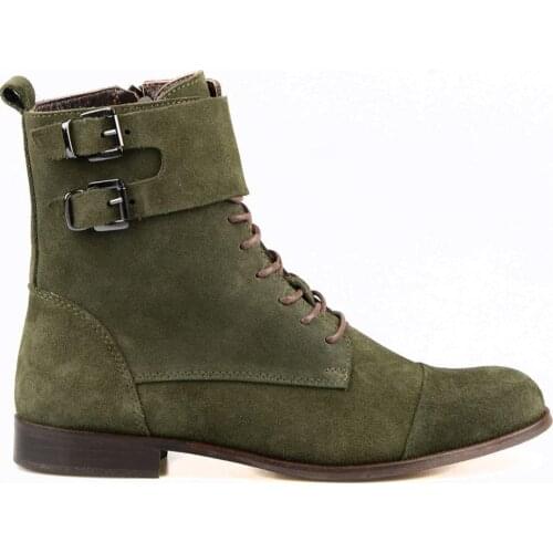 FootCourt- New Khaki Suede Ankle Boots Women Genuine Leather Winter Fashion Zipper Boots Square Heels Vintage Women Retro Boots