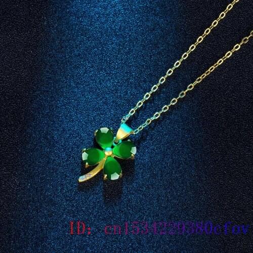 Natural Green Jade Clover Pendant Necklace Amulet Gifts Jewelry Fashion 925 Silver Chalcedony