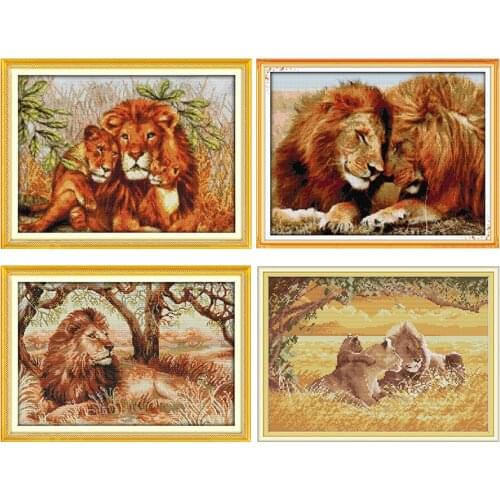 Joy Sunday Needlework Kits Full Embroidery Home Decor The African Lion Animals White Canvas Cotton Thread Cross-stitch 11ct 14ct