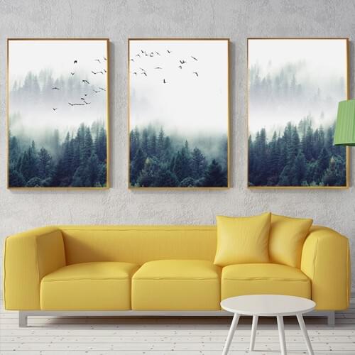 Nordic Foggy Forest Canvas Painting Big Poster Print Tableau Salon Modern Landscape Wall Art Picture for Living Room Tableaux
