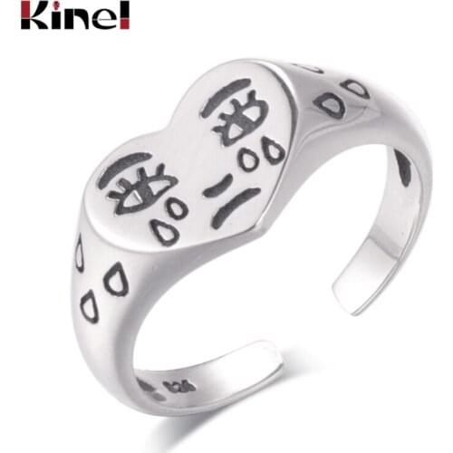 Kinel S925 Sterling Silver Jewelry retro Personality Adjustable Temperament Open Ring Female Creative Tears Expression Face
