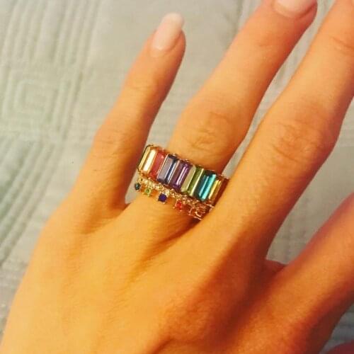New Fashion baguette CZ Rainbow ring for Women Girls Engagement Wedding Band baguette cubic zirconia Rings Boho bride Jewelry