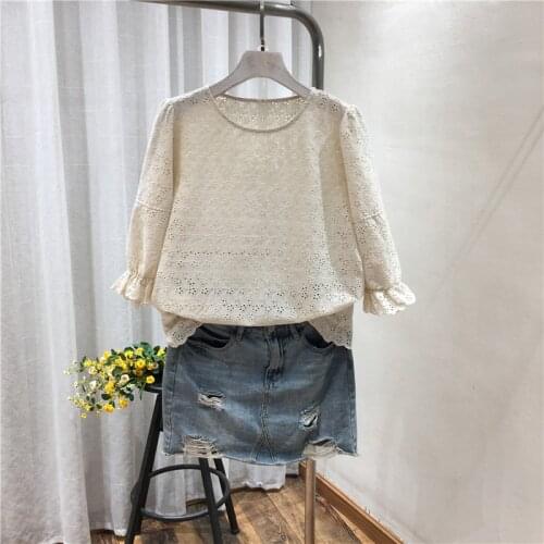 Lamtrip Unique Daisy Shaped Hook Hollow Out Embroidery O-Neck Puff Sleeve Cotton Shirt Blouse Top