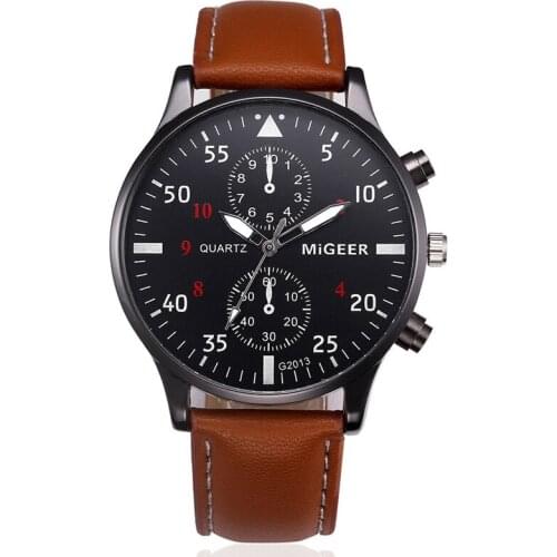 MIGEER Fashion Men Watches Men Sports Watches Brown Leather Band Quartz Watches Men Military Army Wristwatches Relogio Masculino