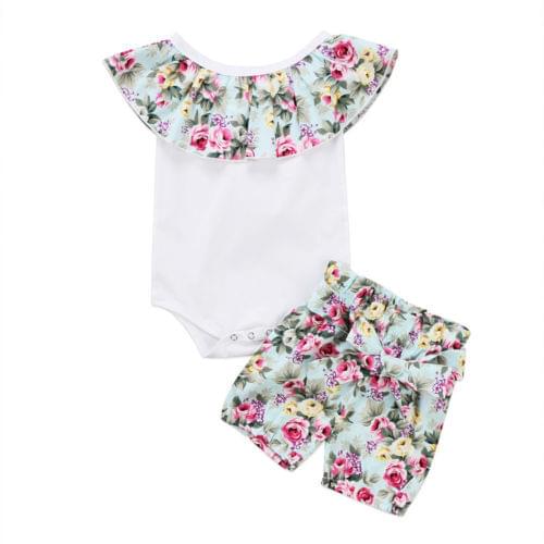 Sweet Newborn Infant Baby Girl Sleeveless Lotus Collar Bodysuit Tops +Floral Shorts 2Pcs Set Outfit Clothes Size 0-24M