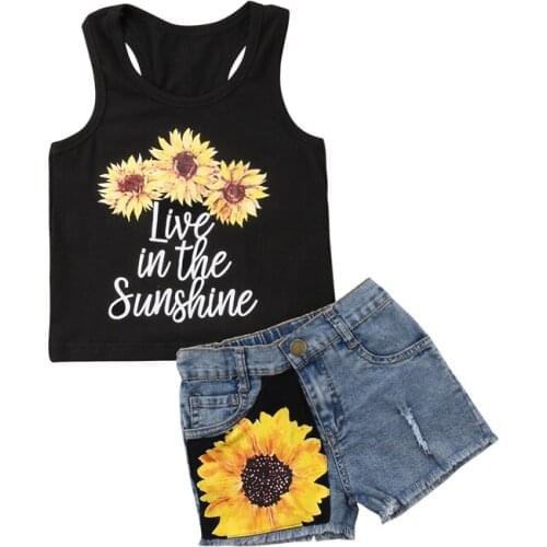 Fashion Summer Sunflower Toddler Baby Girls Outfits Set Clothes Sleeveless Cotton Letter Vest Tank Top+Short 2Pcs Outfits Set