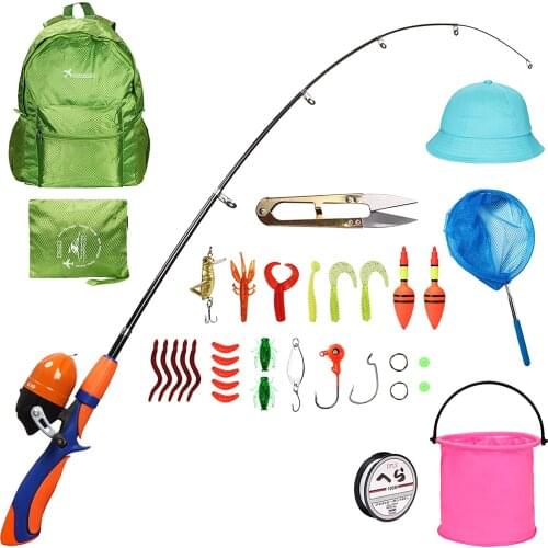 Spinning Reel & Rod Combos With Telescopic Fishing Rod Reel Lures Hat Folding Bucket Retractable Net Line Set for Kids/Beginners