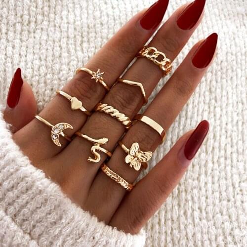 10pcs/Set Womens Fashion Ring Set Gold Silver Color Bohemian Jewelry бохо кольцо Snake Rings Butterfly Punk Moon Heart anillos