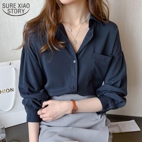 New Womens Shirt Classic Chiffon Blouse Female Plus Size Loose Long Sleeve Shirts Lady Simple Style Tops Clothes Blusas 9357