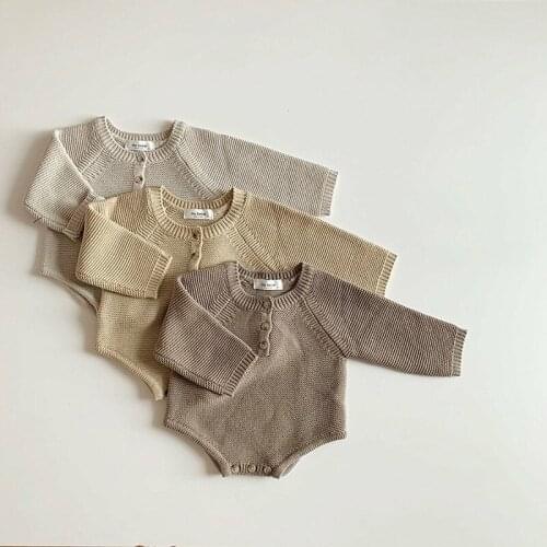 8611 Korean New Baby Knitted Romper Autumn 2021 Boys Knitted One-piece Clothes Cute Little Hat Girls Sweater Set Toddler Onesies