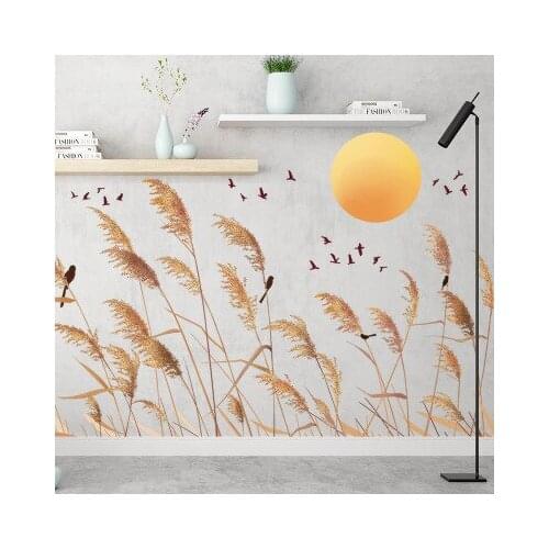New Chinese Style Reed Leaves Sunset Birds Living Room Wall Decals Bedroom Porch Skirting Line Wall Decoration Bathroom Mural
