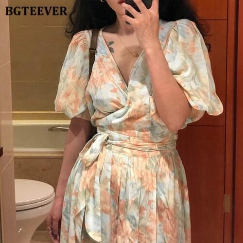 BGTEEVER Elegant One Piece Women Chiffon Dress Summer V-neck Puff Sleeve Lace-up Female A-line Dress 2021 Summer Floral Vestidos