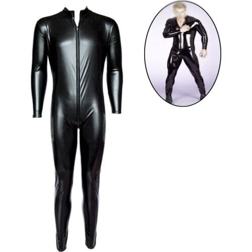 Men Sexy Lingerie Black Leather Catsuit Latex Bodysuit Front Zipper Open Crotch Stretch Patent Leather Role Play Erotic Costume