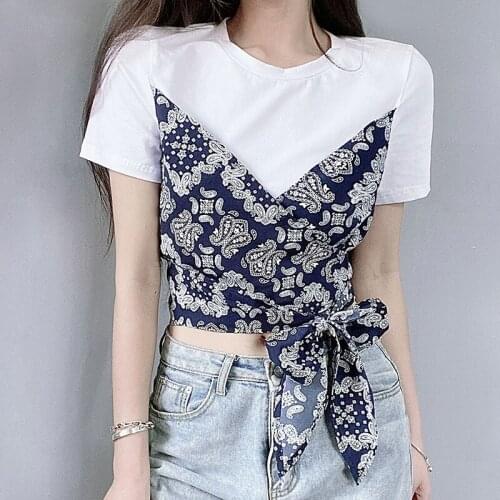 Stylish Women Short Sleeve Fake-two T-shirt Vintage Printing Stitching Bandage Exposed Navel Tops for Summer