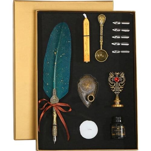 Vintage Feather Pen and Ink Set Glittering Quill Pen Fountain Pen Calligraphy Dip Pen Writing Signature Pen W/ Replacement Nibs