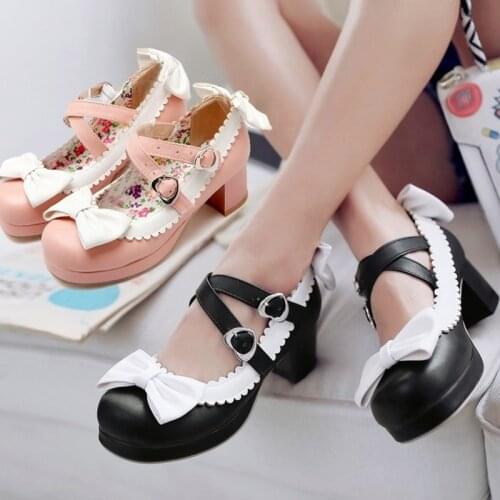 Japanese sweet lolita shoes cross bandage bowknot kawaii shoes round head thick heel women shoes loli cosplay