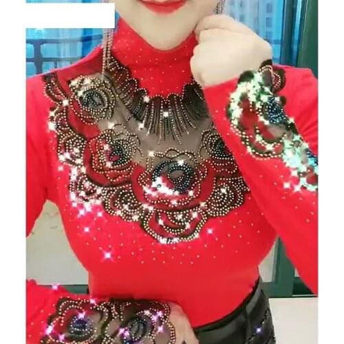 Rose Hollow-out Lace Rhinestone Velvet Womens Stretch Long Sleeve Spring, Autumn and Winter Turtleneck