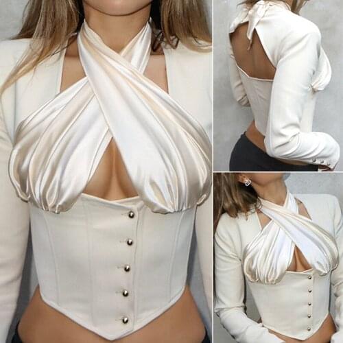 Womens Fashion Sexy Long Sleeve Hollow Halter Wrapped Chest Tunic Top White