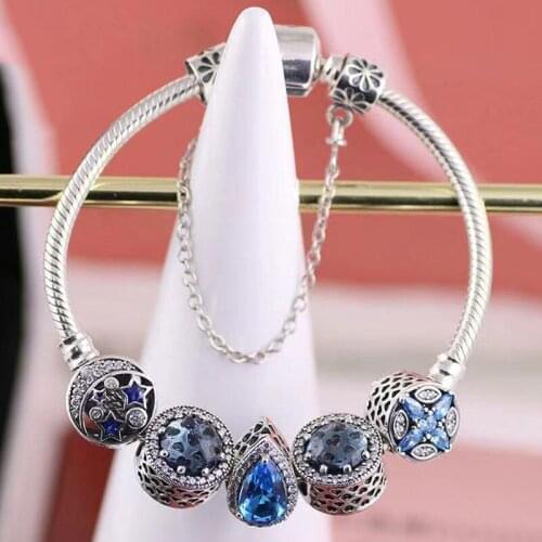 Original 925 Sterling Silver Classic Blue Water Drop Beads With Classic Button Bracelet For Womens Wedding Party Gift Jewelry