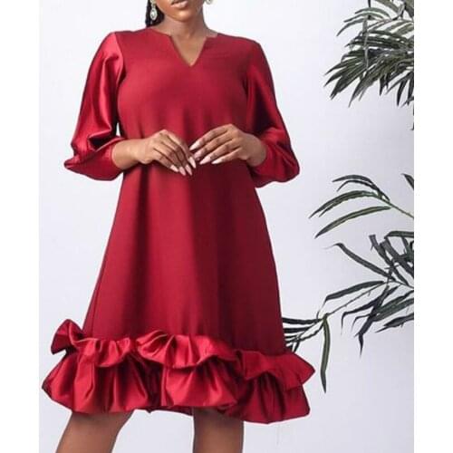 Women Red Elegant Dress V Neck Loose Long Sleeves Mini Ruffles Patchwork Dresses Oversized Summer Fall Casual New Robes Vestidos
