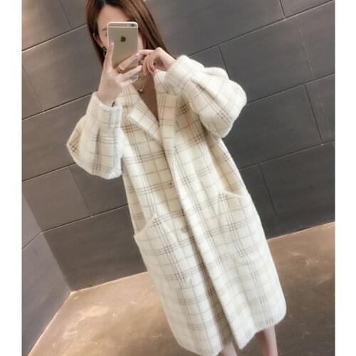 Winter Elegant Plaid Women Fashion Woolen Coats Ladies Imitation Mink Velvet Puff Sleeve Thick Warm Outerwear Female
